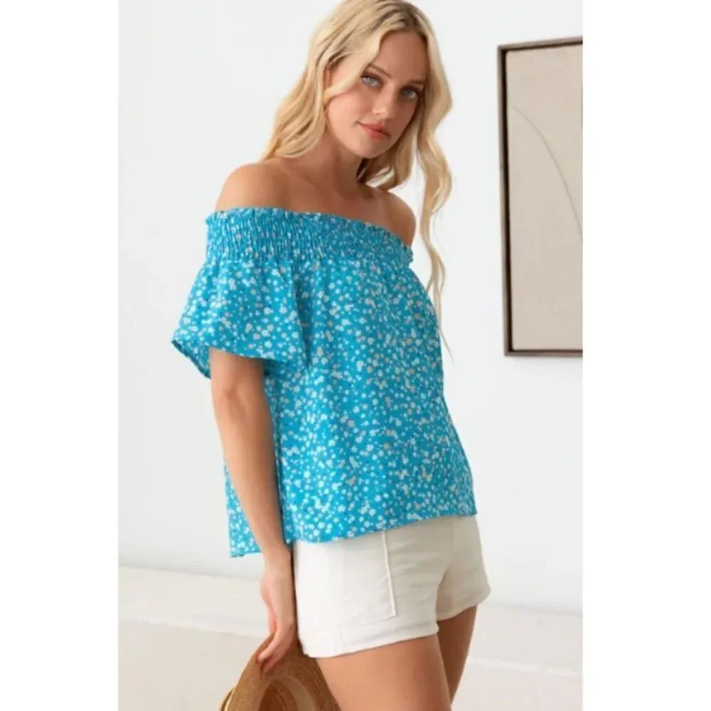 The Dolly Blue Floral Off Shoulder Smocking Band Blouse